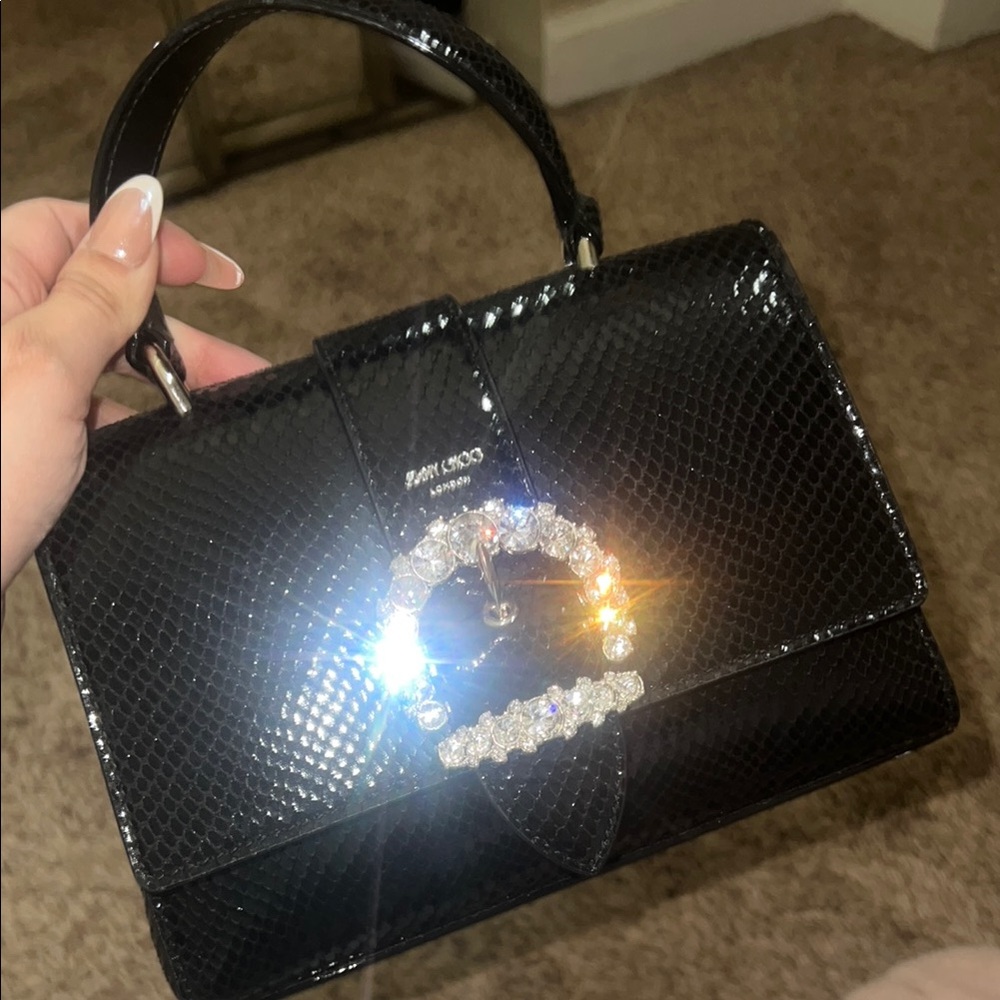 Jimmy Choo Black Mini Top-Handle Bag with Crystal Hardware
